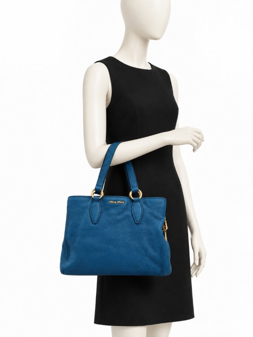 Miu Miu Blue Pebbled Leather Tote Shoulder Bag Gold Hardware - Picture 15 of 15